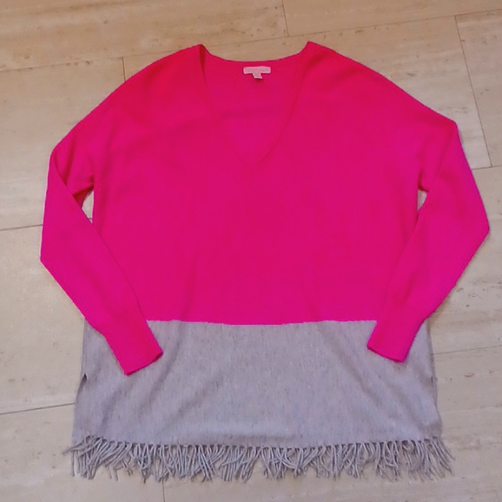 Lilly Pulitzer 100% Cashmere Vneck Pink/Gray Colorblock Fringed Sweater